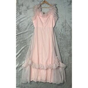 Vintage 90s Y2K Pink Chiffon Ruffle Dress Fairycore Coquette Prom Maxi 19/20